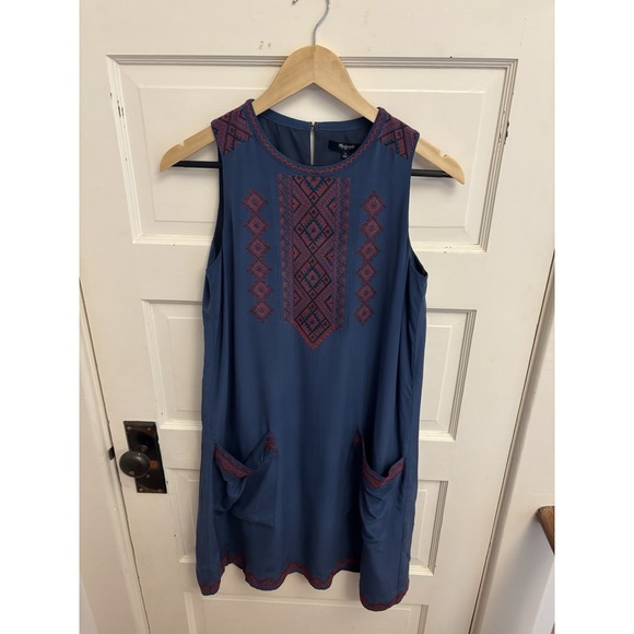 Madewell Women's Blue Silk Embroidered Sleeveless Shift Dress Lined Size Small - Picture 2 of 8